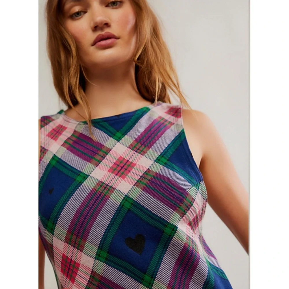 Free People Carven Plaid Mini Dress XS Hearts Pockets Preppy Academia Schoolgirl